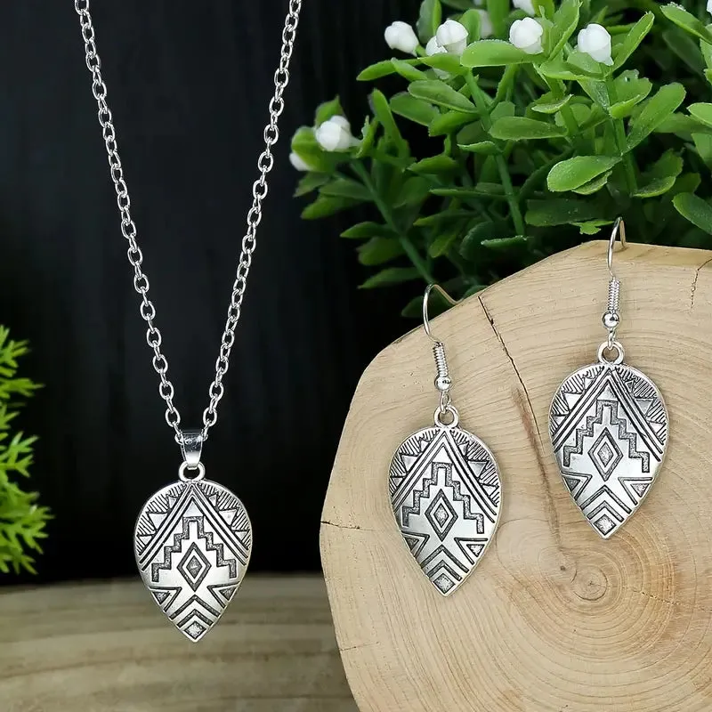 1 Pair of Vintage Earrings   1 Necklace Jewelry Set - Retro Carved Surface, Tribal Inspired, Durable, and Stylish Accessories