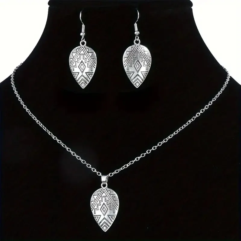 1 Pair of Vintage Earrings   1 Necklace Jewelry Set - Retro Carved Surface, Tribal Inspired, Durable, and Stylish Accessories
