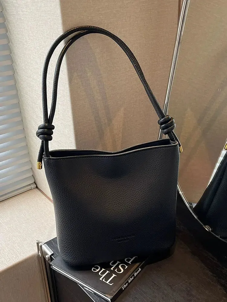 Adjustable Strap Leather Bucket Bag