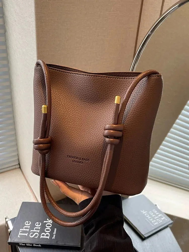 Adjustable Strap Leather Bucket Bag