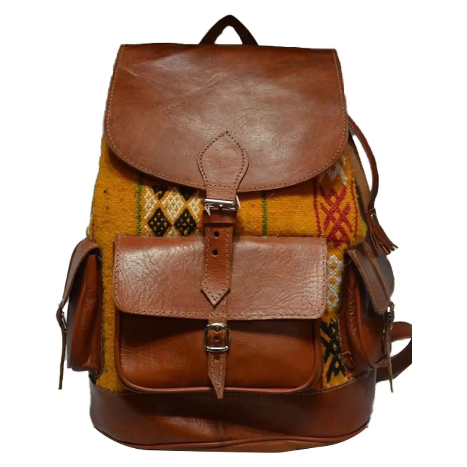 Biyadina Store Handbag  - Brown - Stylish & Functional Travel Accessory - Premium Calfskin Leather & Orange Kilim - Multiple Compartments