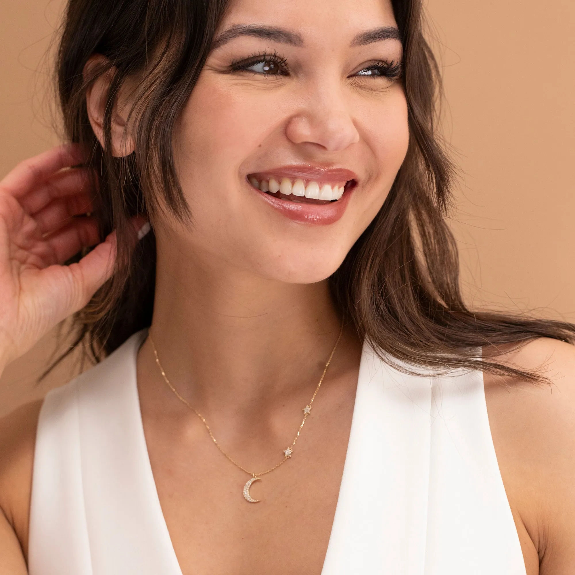 Diamond Moon and Side Stars Necklace, Astrid