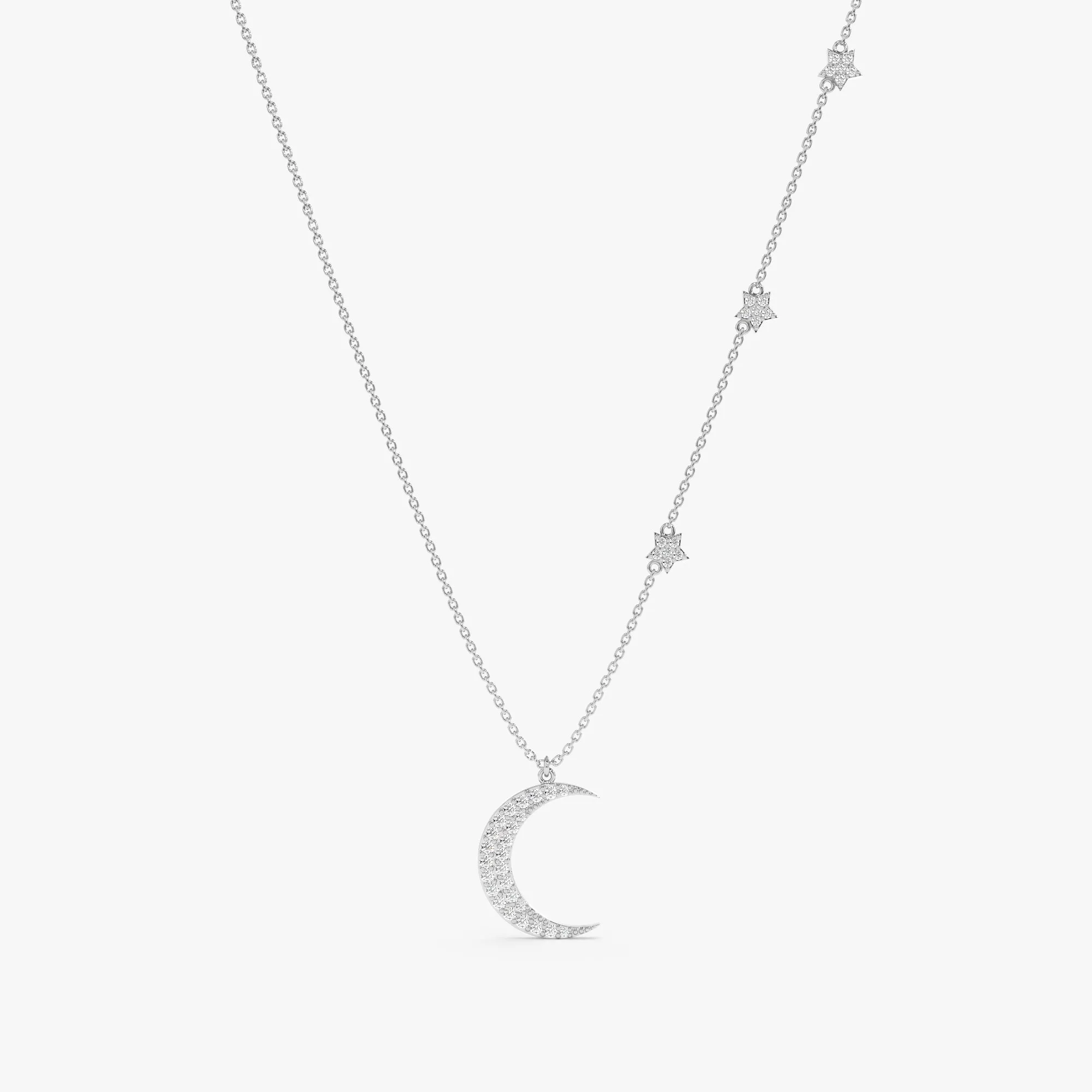 Diamond Moon and Side Stars Necklace, Astrid