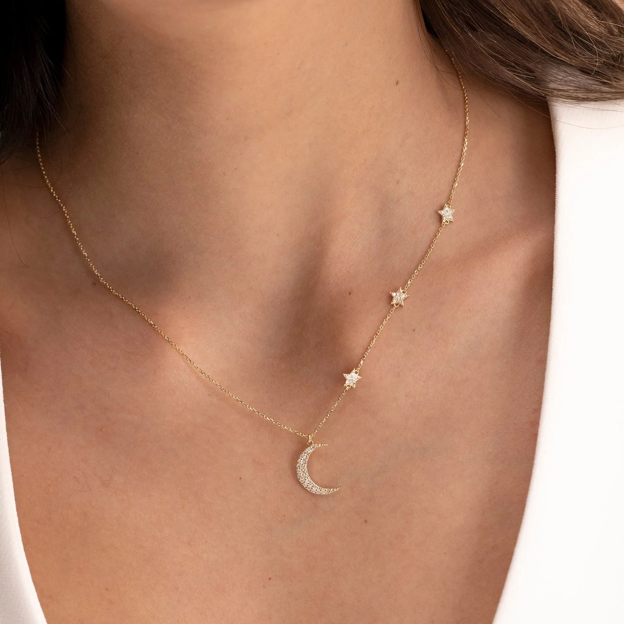 Diamond Moon and Side Stars Necklace, Astrid