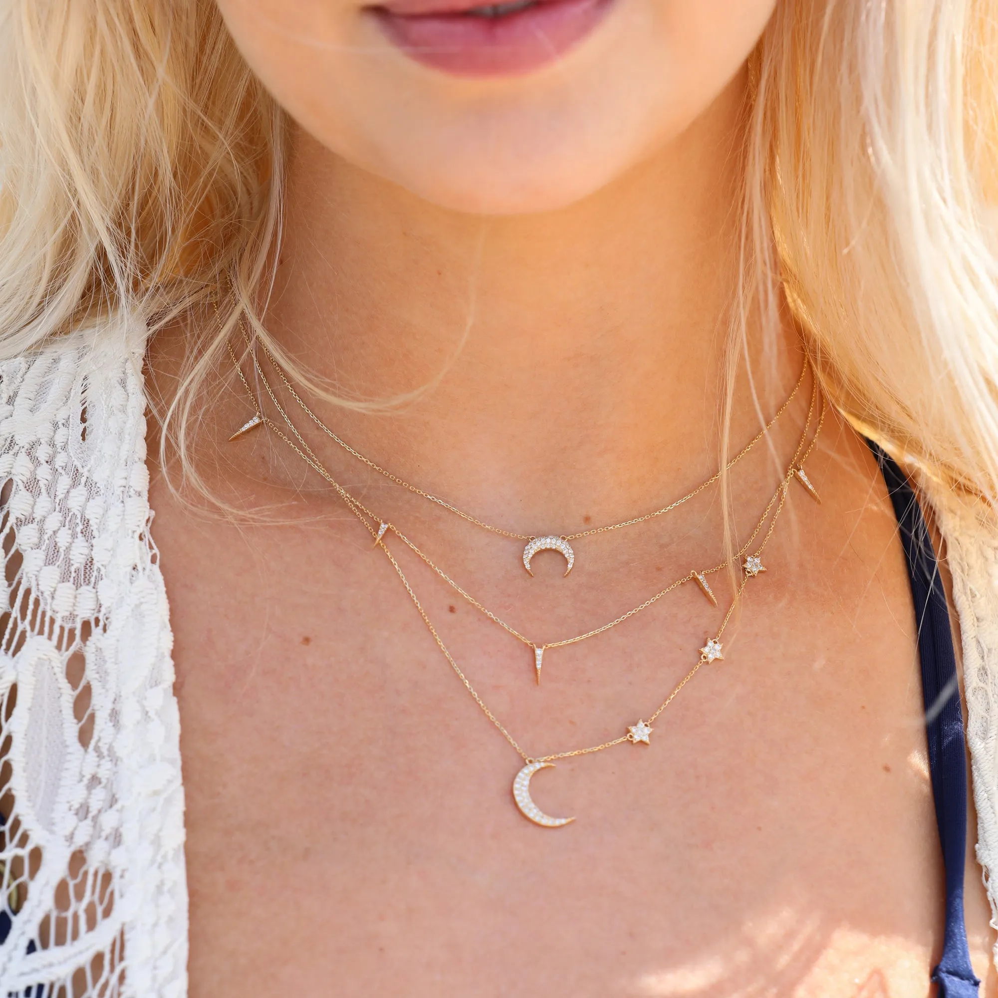 Diamond Moon and Side Stars Necklace, Astrid