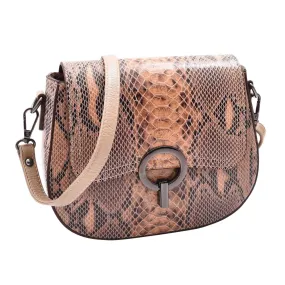 DR578 Women's Genuine Leather Small Sized Cross Body Bag Snake Print Taupe
