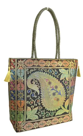 Embroidery Silk Handicraft Hand Bag, Shoulder, Tote Bag For Ladies (13 x 11.5 x 7.5 Inches, Leaves & Flower, Black Color)