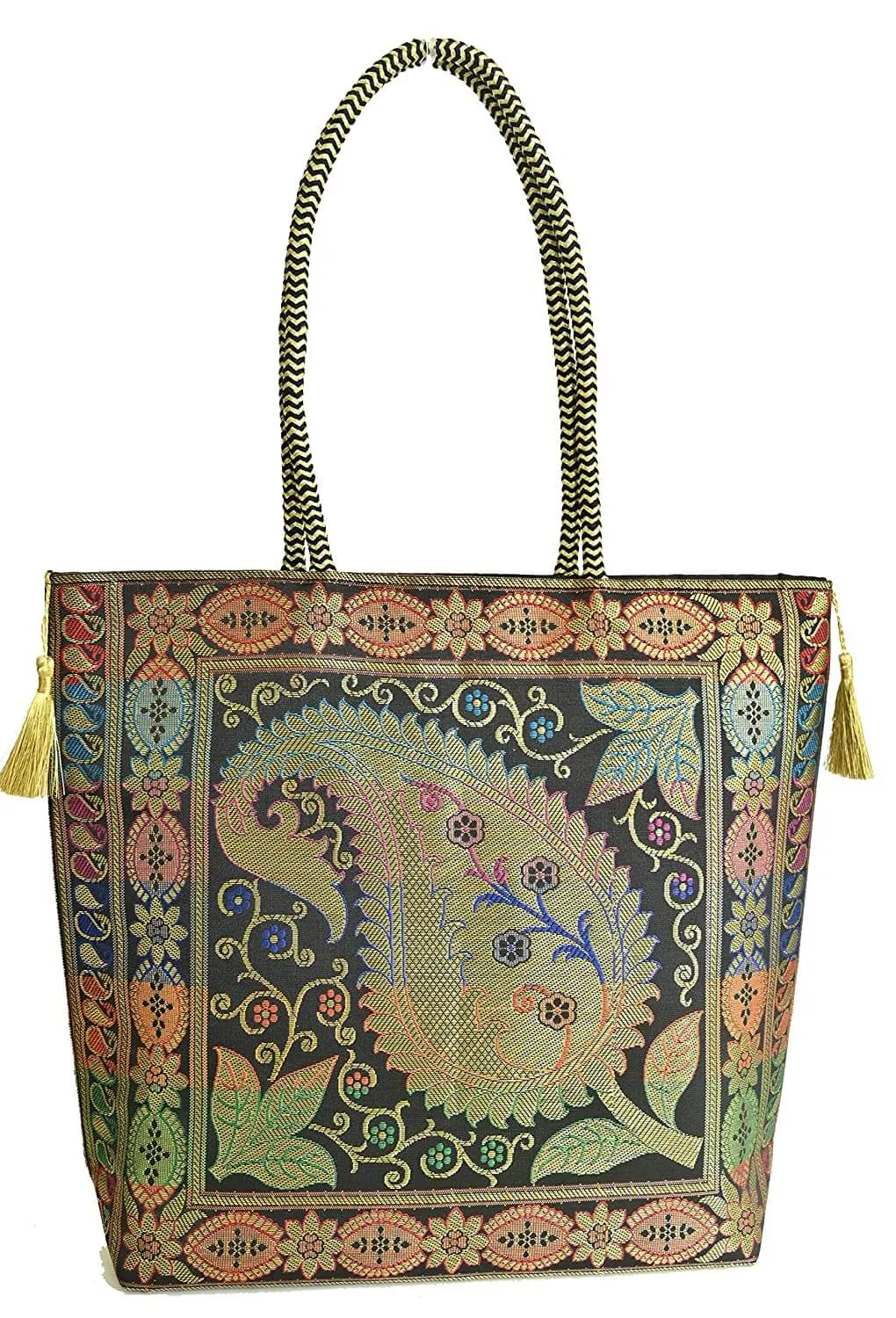 Embroidery Silk Handicraft Hand Bag, Shoulder, Tote Bag For Ladies (13 x 11.5 x 7.5 Inches, Leaves & Flower, Black Color)