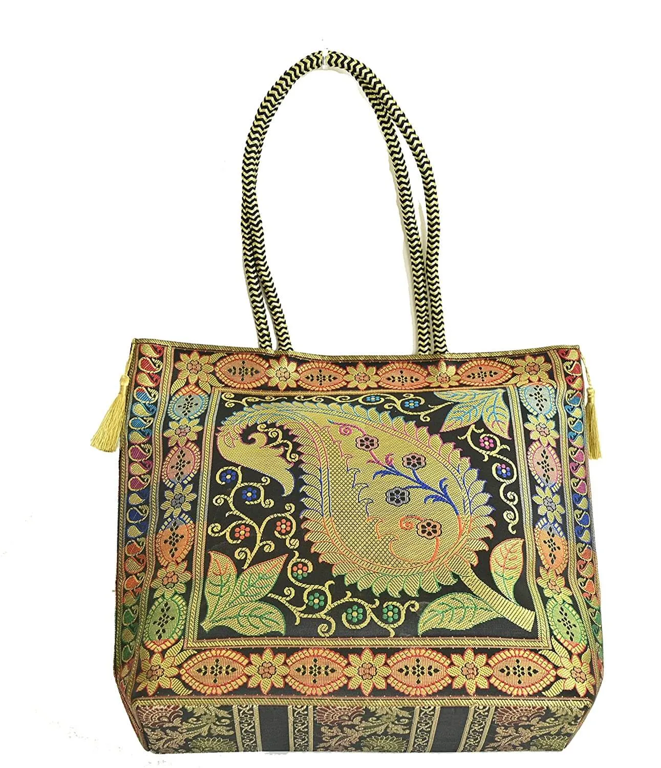 Embroidery Silk Handicraft Hand Bag, Shoulder, Tote Bag For Ladies (13 x 11.5 x 7.5 Inches, Leaves & Flower, Black Color)