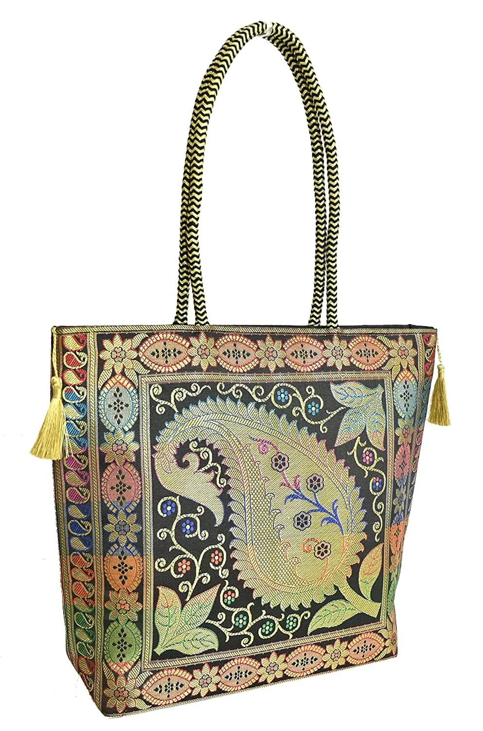 Embroidery Silk Handicraft Hand Bag, Shoulder, Tote Bag For Ladies (13 x 11.5 x 7.5 Inches, Leaves & Flower, Black Color)
