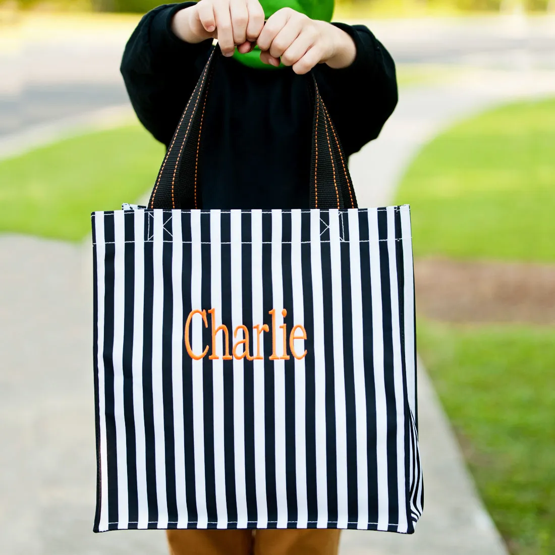 Halloween Trick or Treat Tote Bag with Black and White Stripes