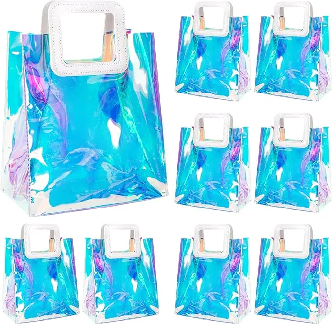 Iridescent Vinyl Holographic Tote Bags Party Favors, Set of 8
