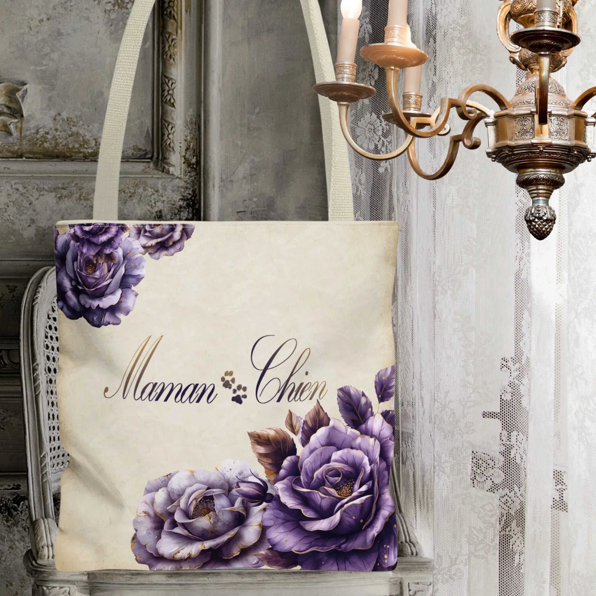 Maman Chien [Dog Mom in French] Farmhouse Country Lavender Rose Tote