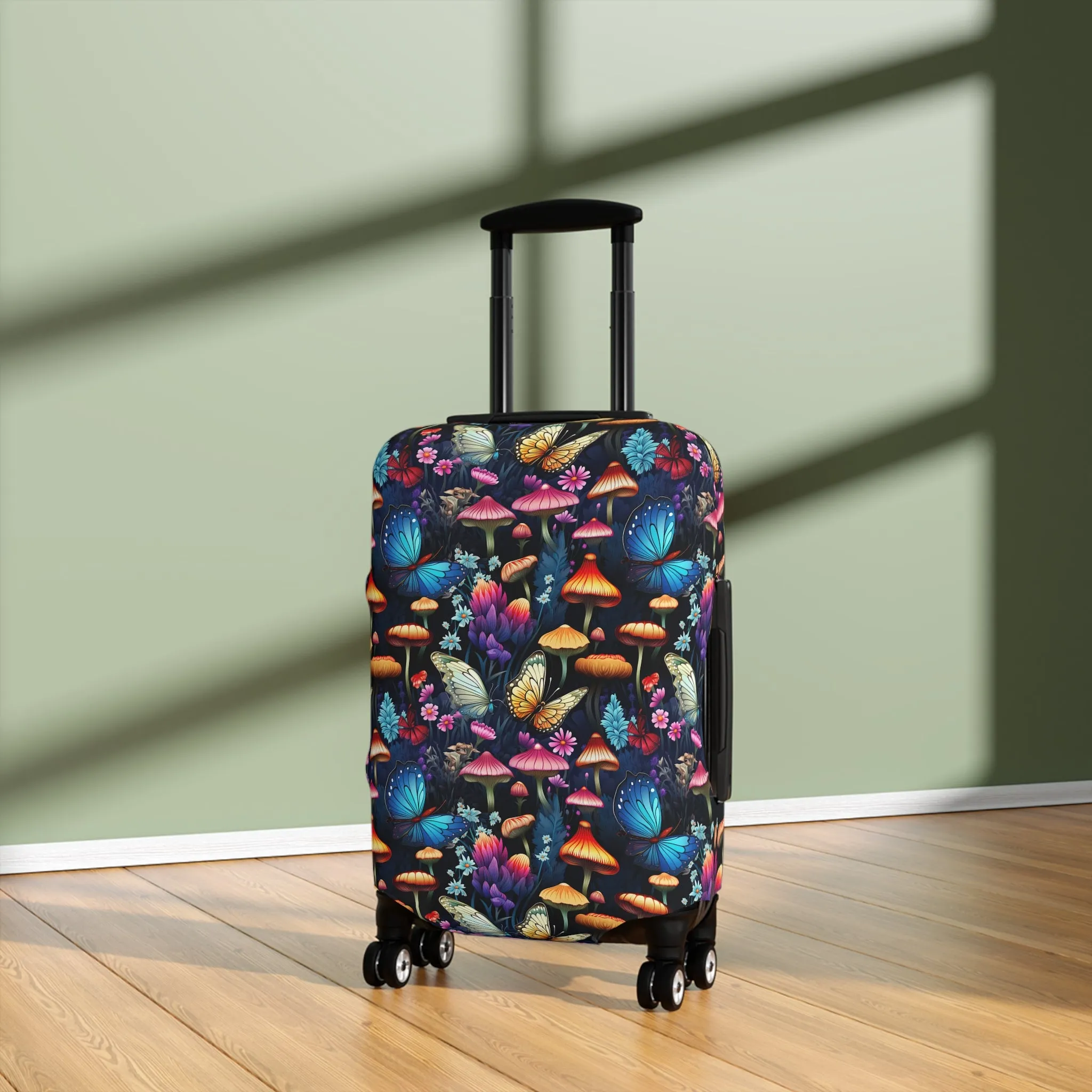 Neon Nocturne: Illuminated Butterfly and Mushroom Silhouettes Against the Night Sky  - Luggage Protector and Cover 3 Sizes