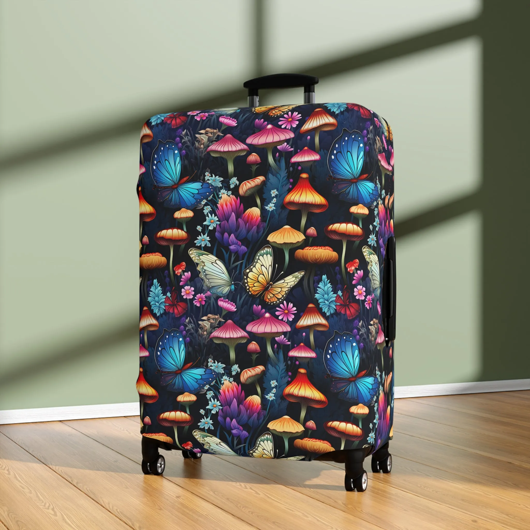 Neon Nocturne: Illuminated Butterfly and Mushroom Silhouettes Against the Night Sky  - Luggage Protector and Cover 3 Sizes