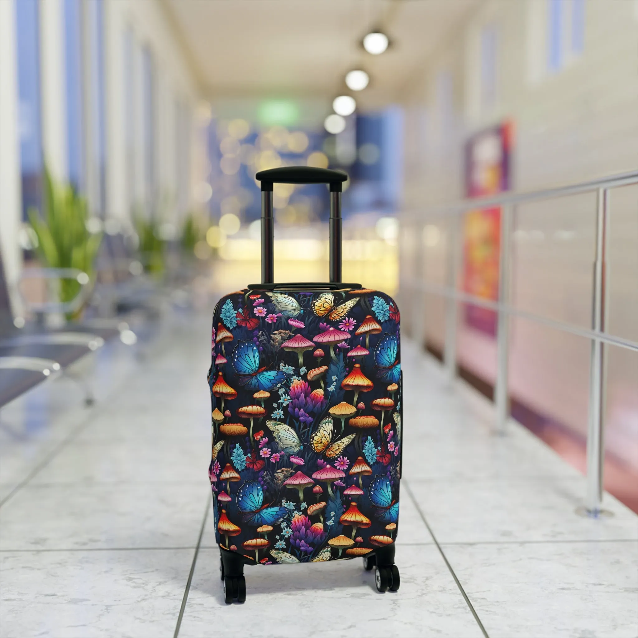 Neon Nocturne: Illuminated Butterfly and Mushroom Silhouettes Against the Night Sky  - Luggage Protector and Cover 3 Sizes
