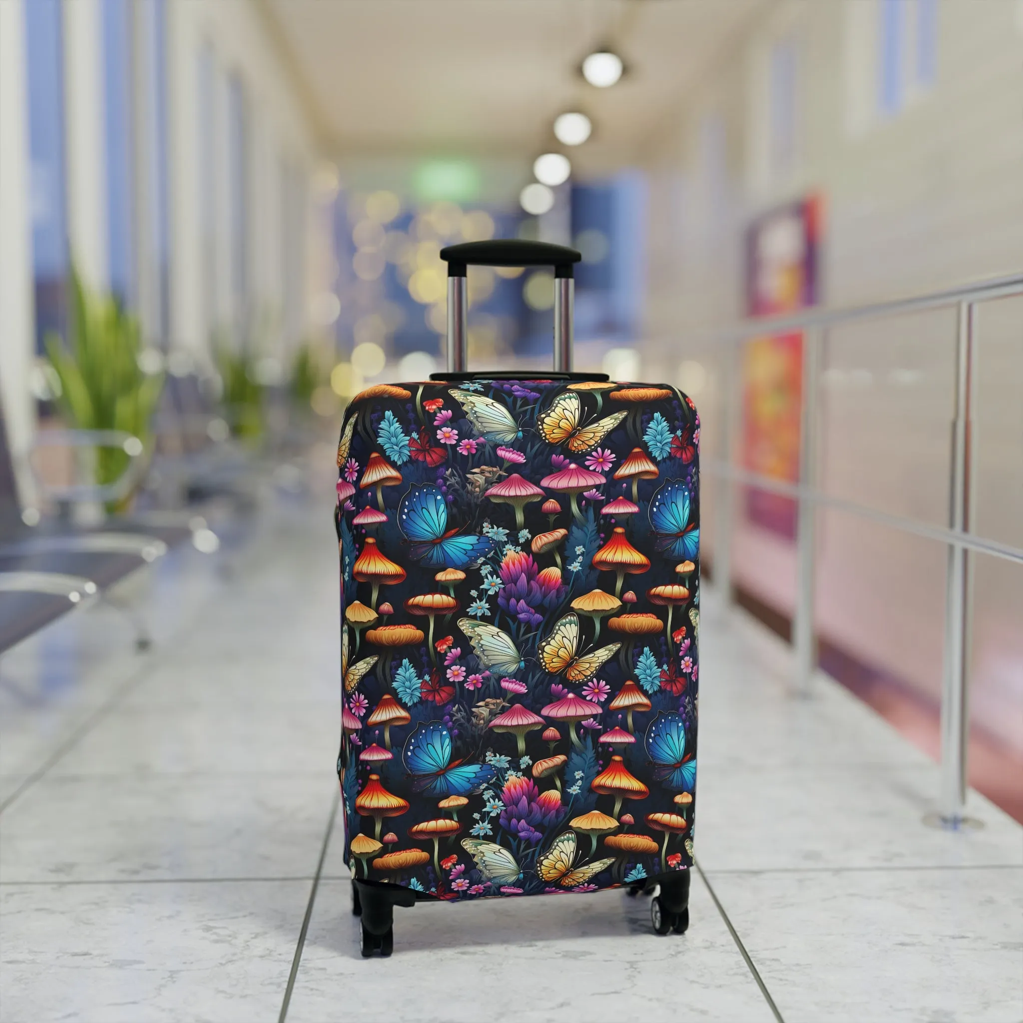 Neon Nocturne: Illuminated Butterfly and Mushroom Silhouettes Against the Night Sky  - Luggage Protector and Cover 3 Sizes