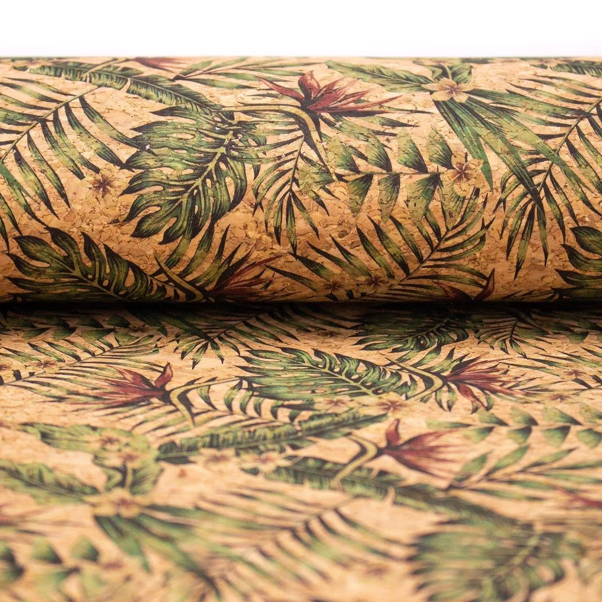 Palm leaves and floral pattern cork fabric COF-377