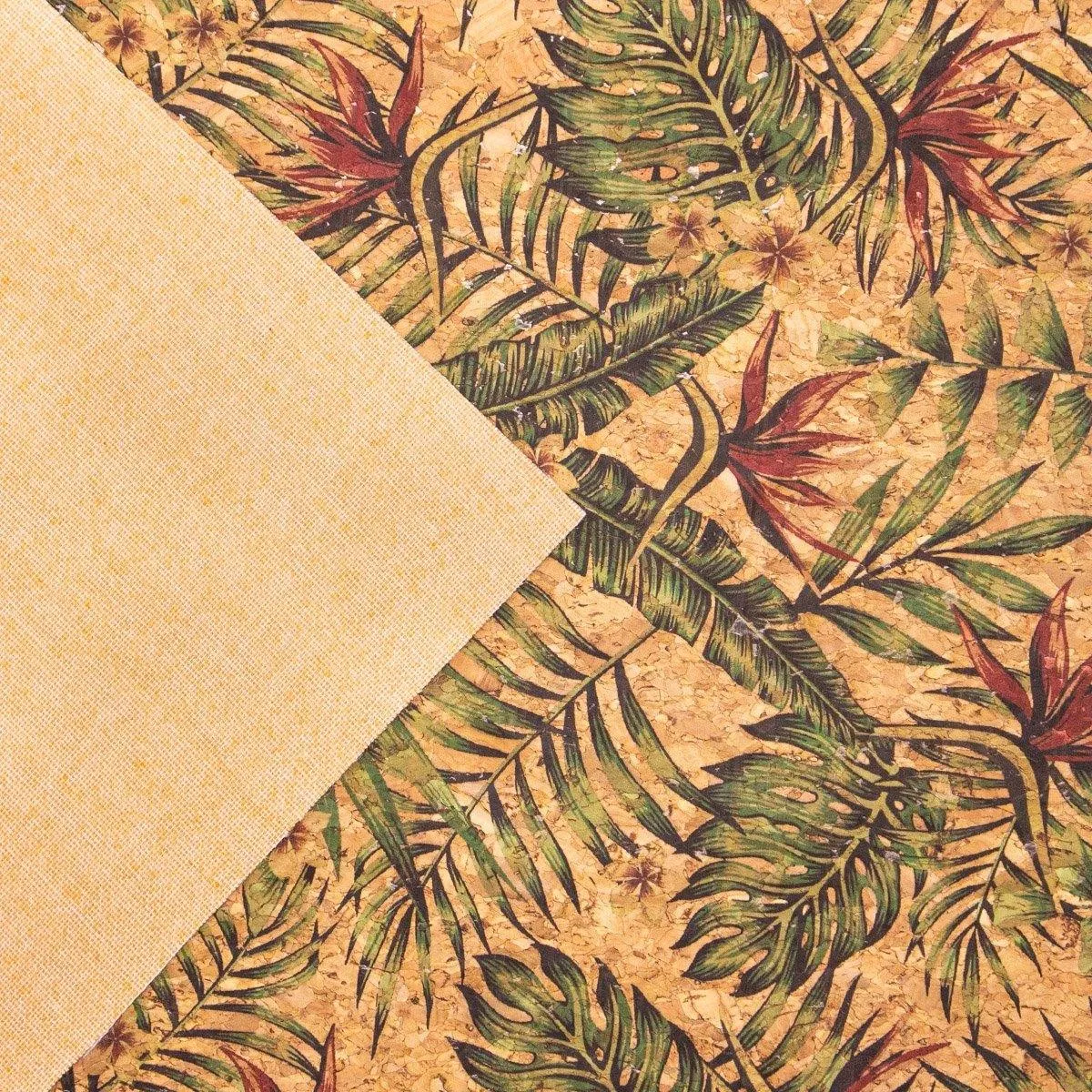 Palm leaves and floral pattern cork fabric COF-377