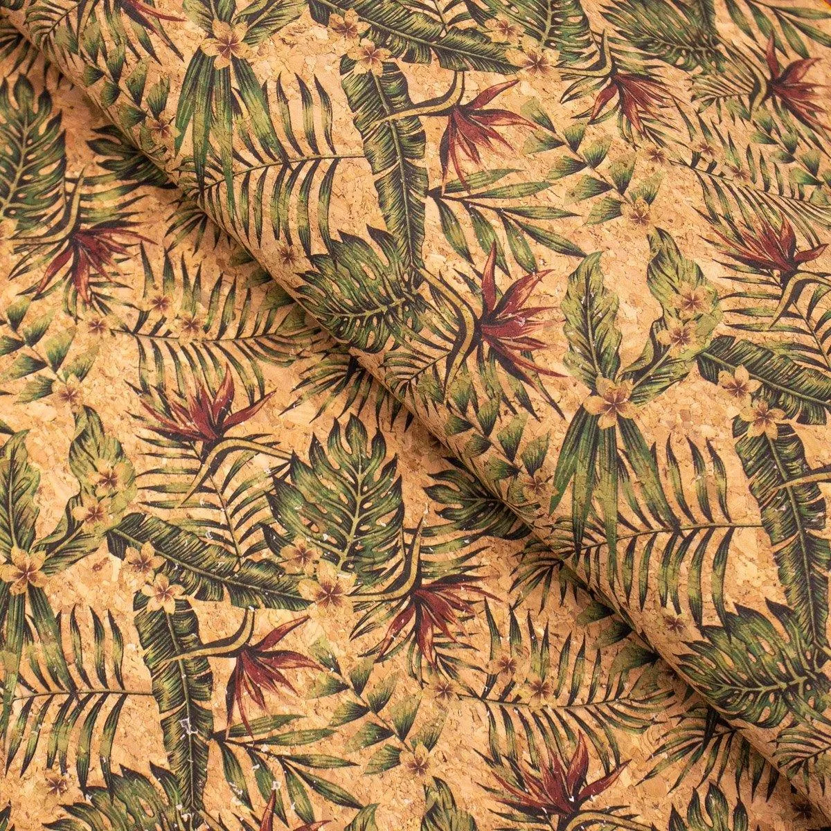 Palm leaves and floral pattern cork fabric COF-377