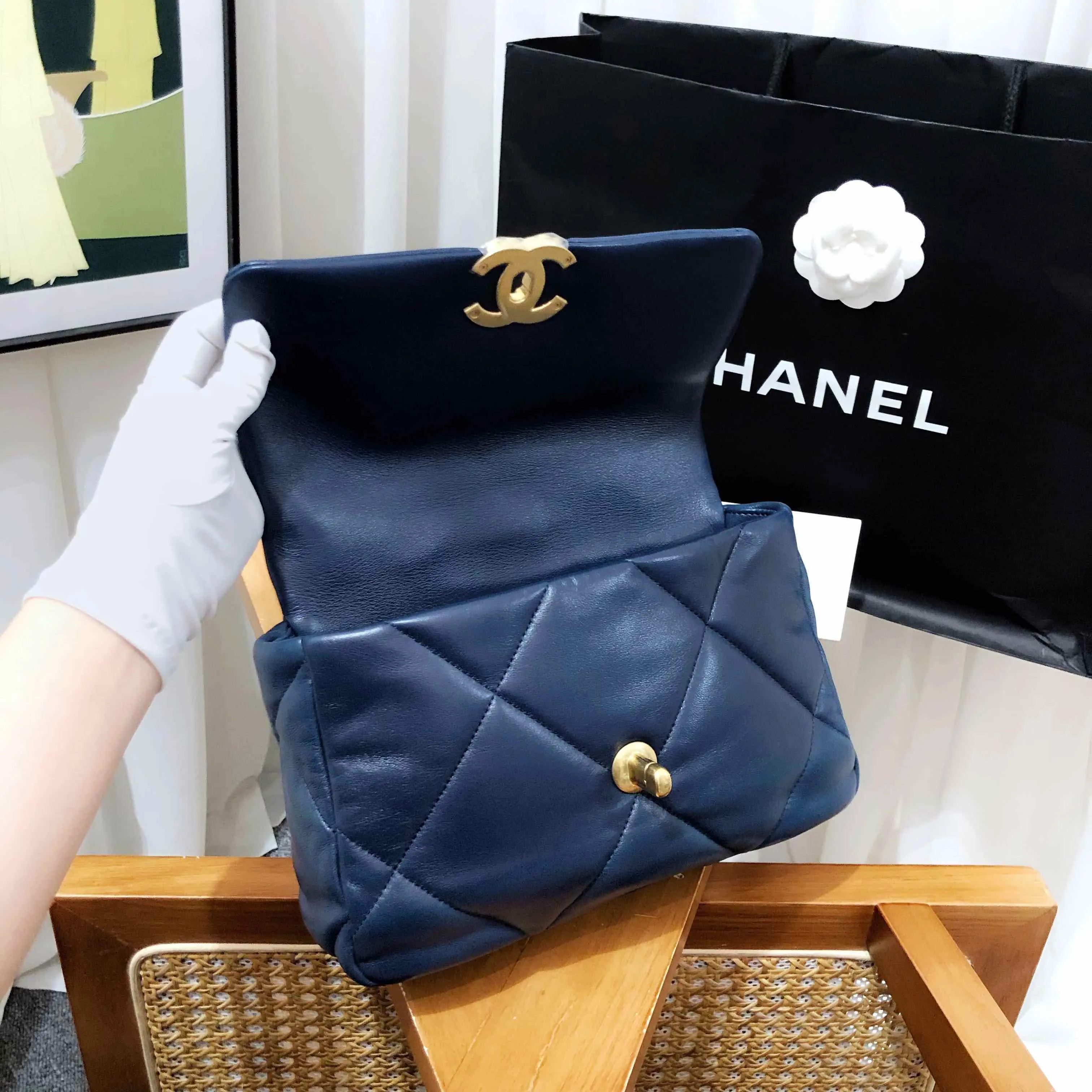 Preloved Chanel 19 Bag Navy Blue Quilted Lambskin Shoulder Bag