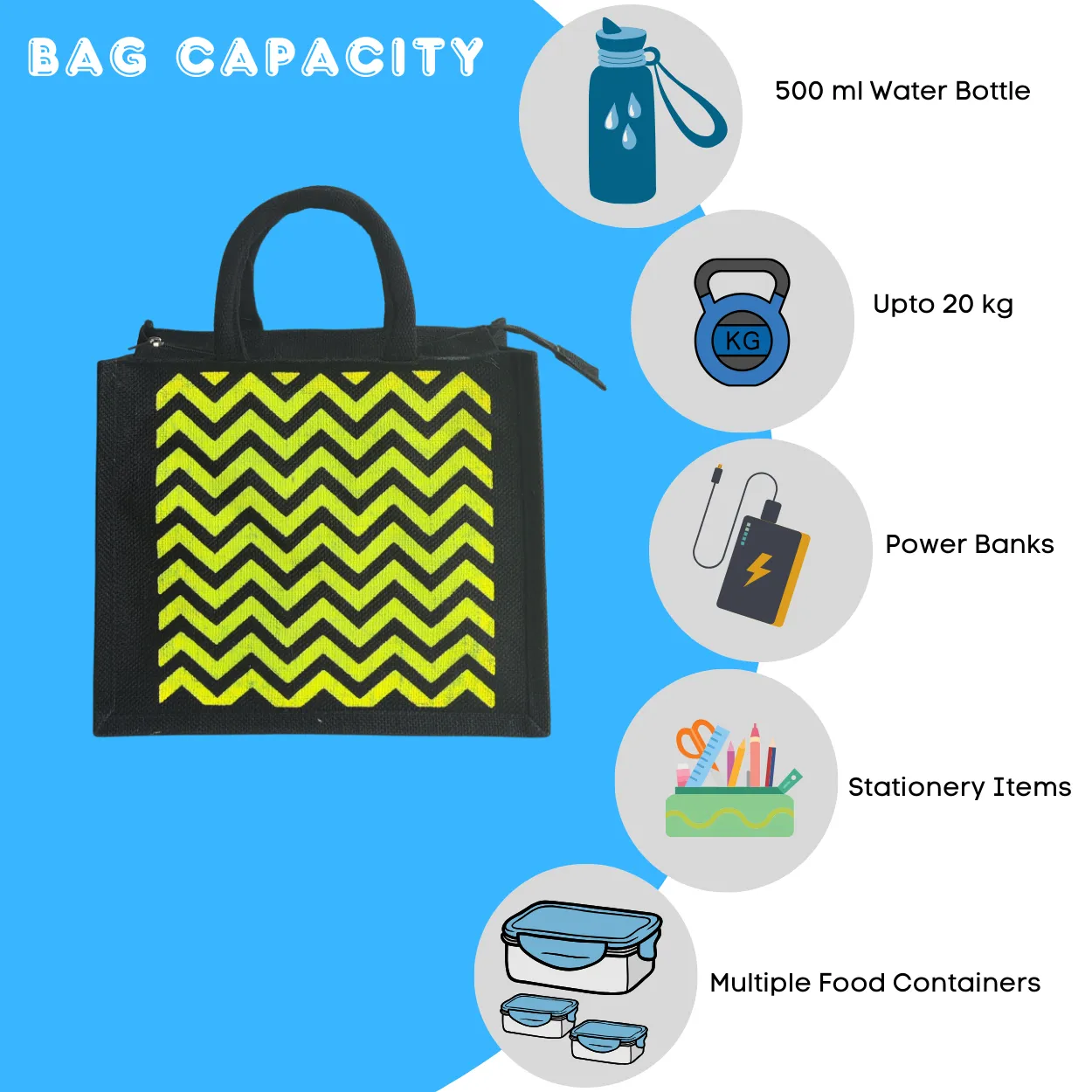 Printed Jute Regular Lunch Bag Chevron - Yellow