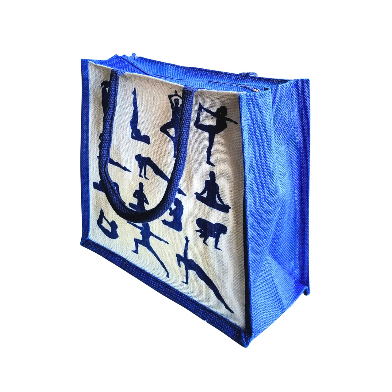 Printed Jute Shopping Bag Yoga Pose - Royal Blue Large
