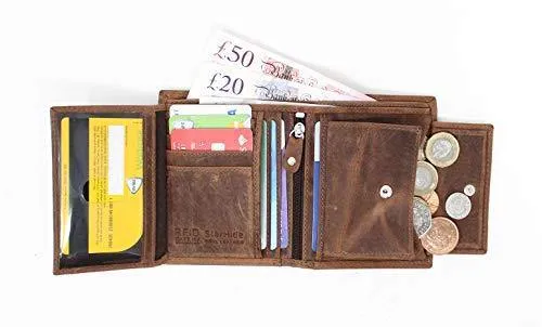STARHIDE RFID Blocking Genuine Distressed Hunter Leather Billfold Coin Wallet For Men 1070 Brown