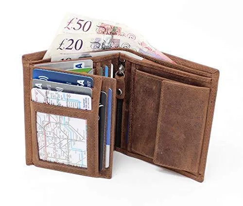 STARHIDE RFID Blocking Genuine Distressed Hunter Leather Billfold Coin Wallet For Men 1070 Brown