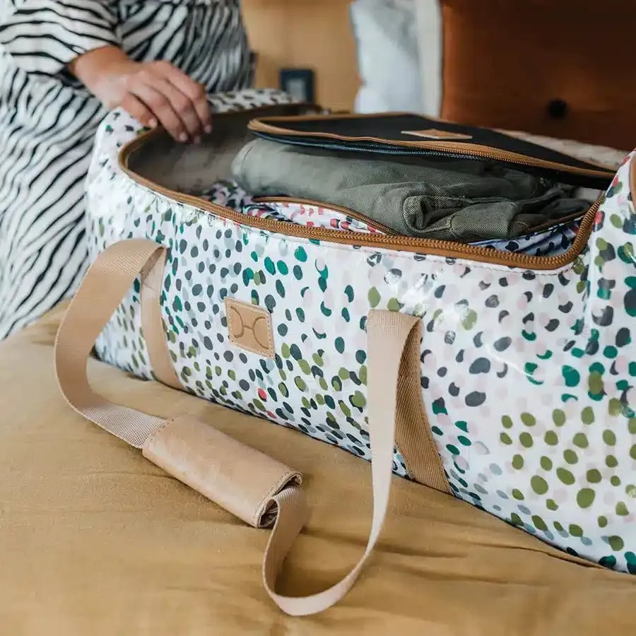 Thandana Laminated Fabric Wheeled Duffel Bag | Cheetah Preppy