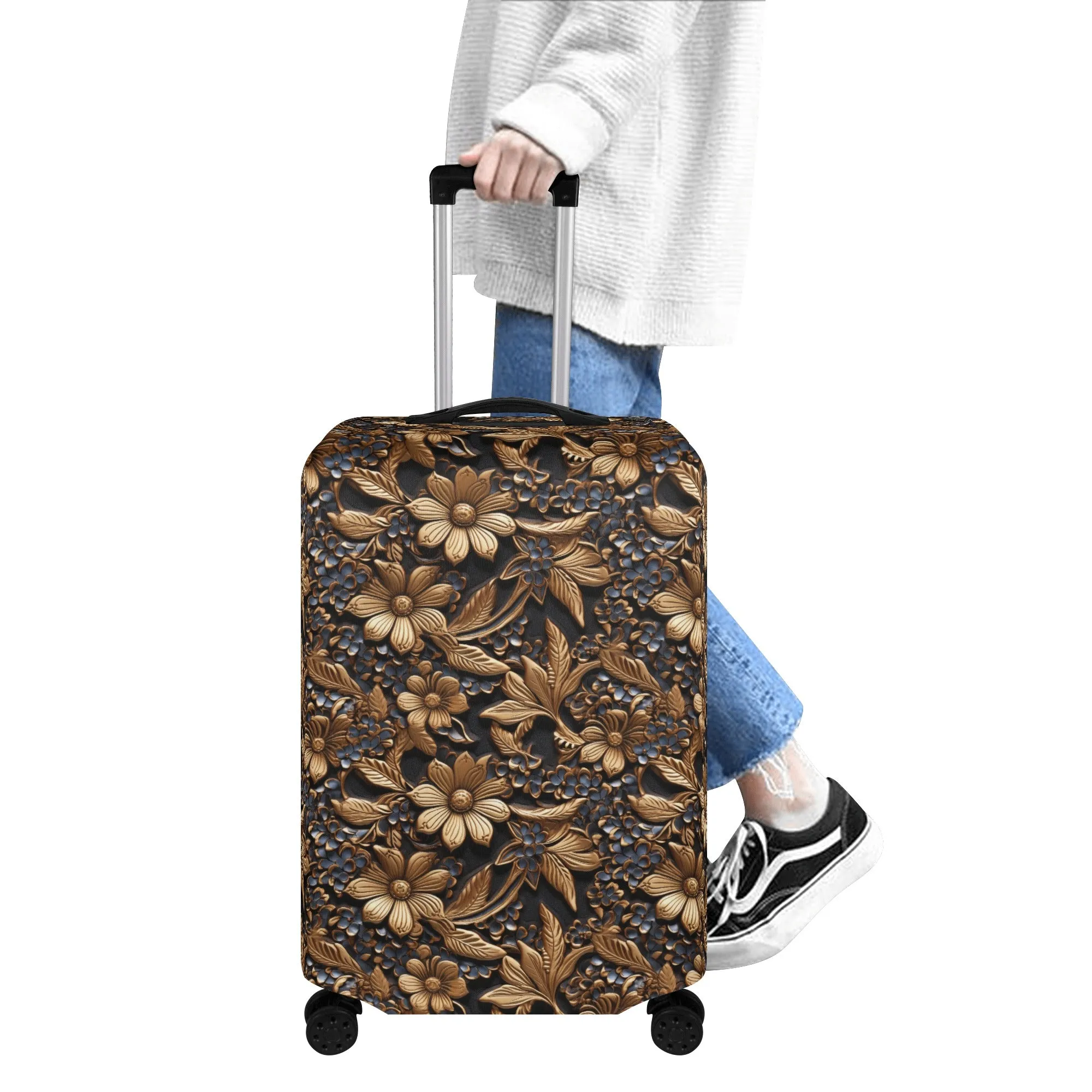 Tooled Leather Gold Flowers with Blue Accents Print Design  - Luggage Protector and Cover 3 Sizes