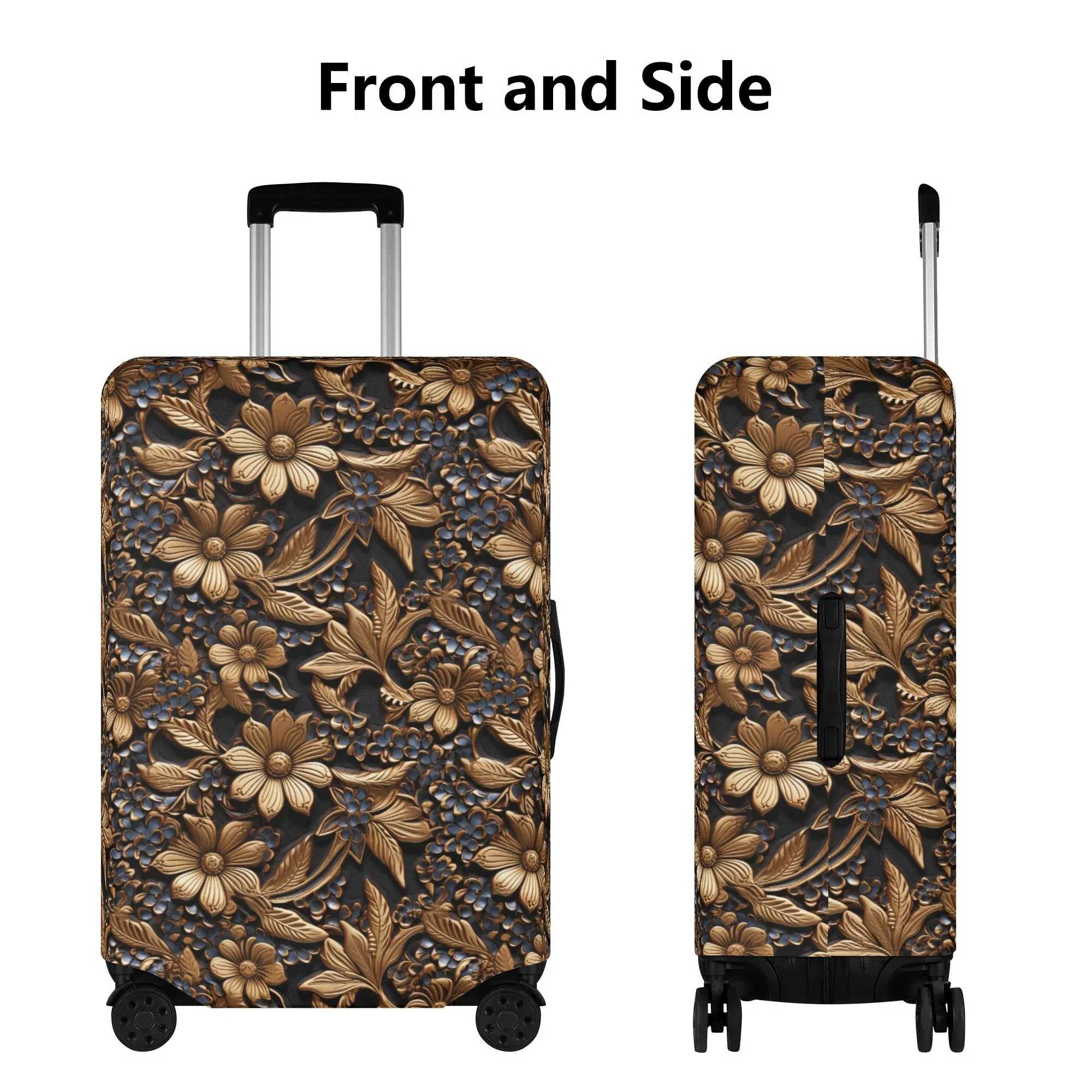 Tooled Leather Gold Flowers with Blue Accents Print Design  - Luggage Protector and Cover 3 Sizes
