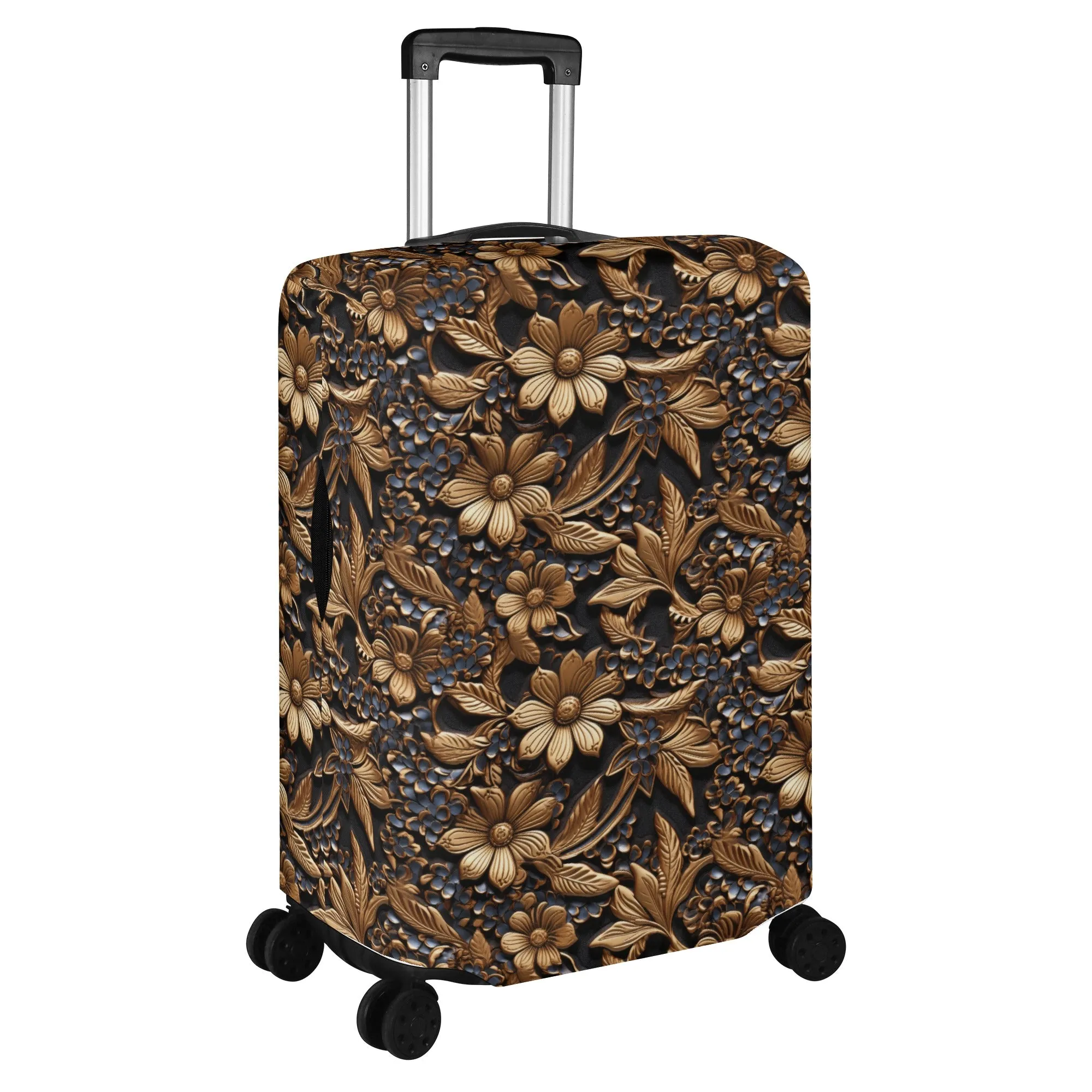Tooled Leather Gold Flowers with Blue Accents Print Design  - Luggage Protector and Cover 3 Sizes