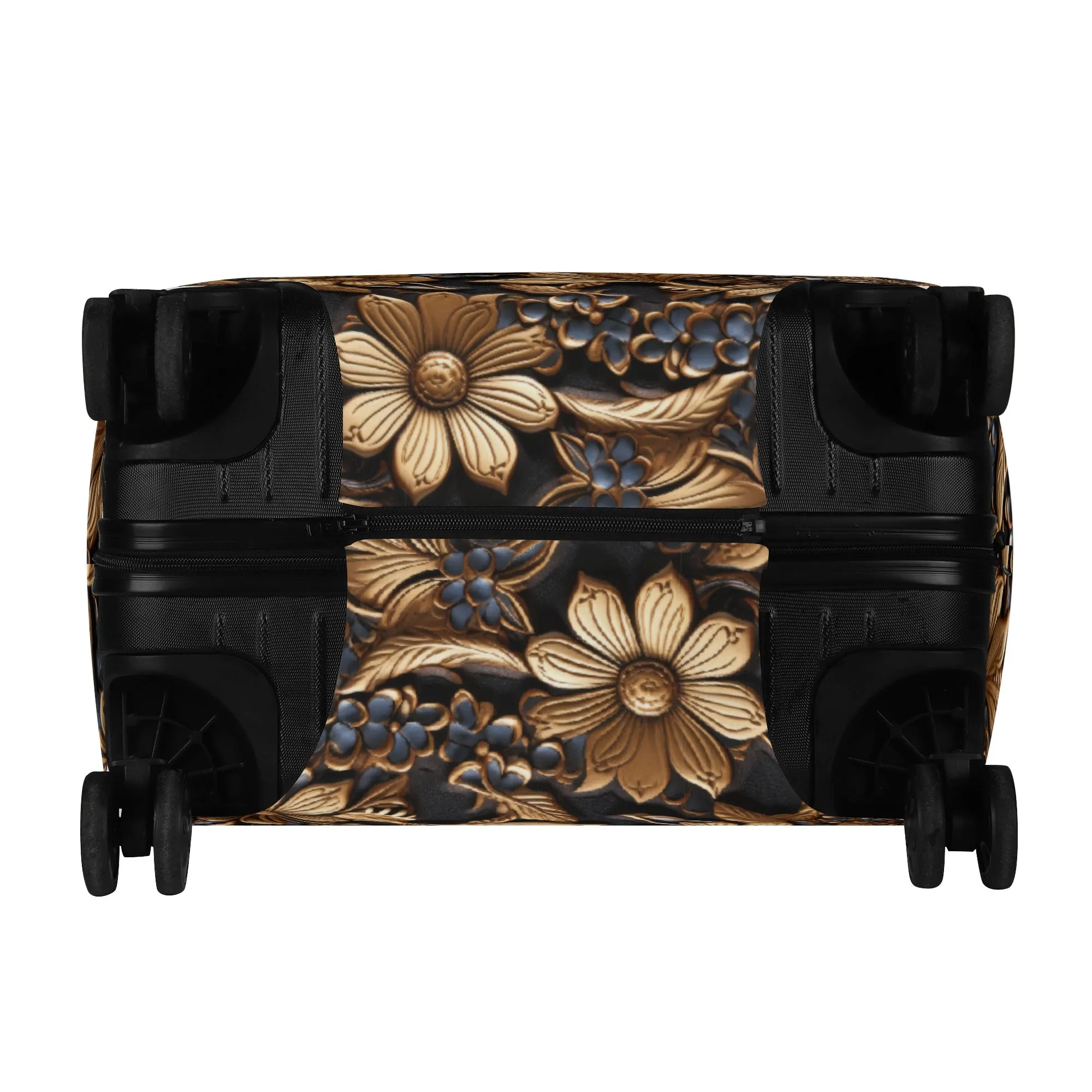 Tooled Leather Gold Flowers with Blue Accents Print Design  - Luggage Protector and Cover 3 Sizes